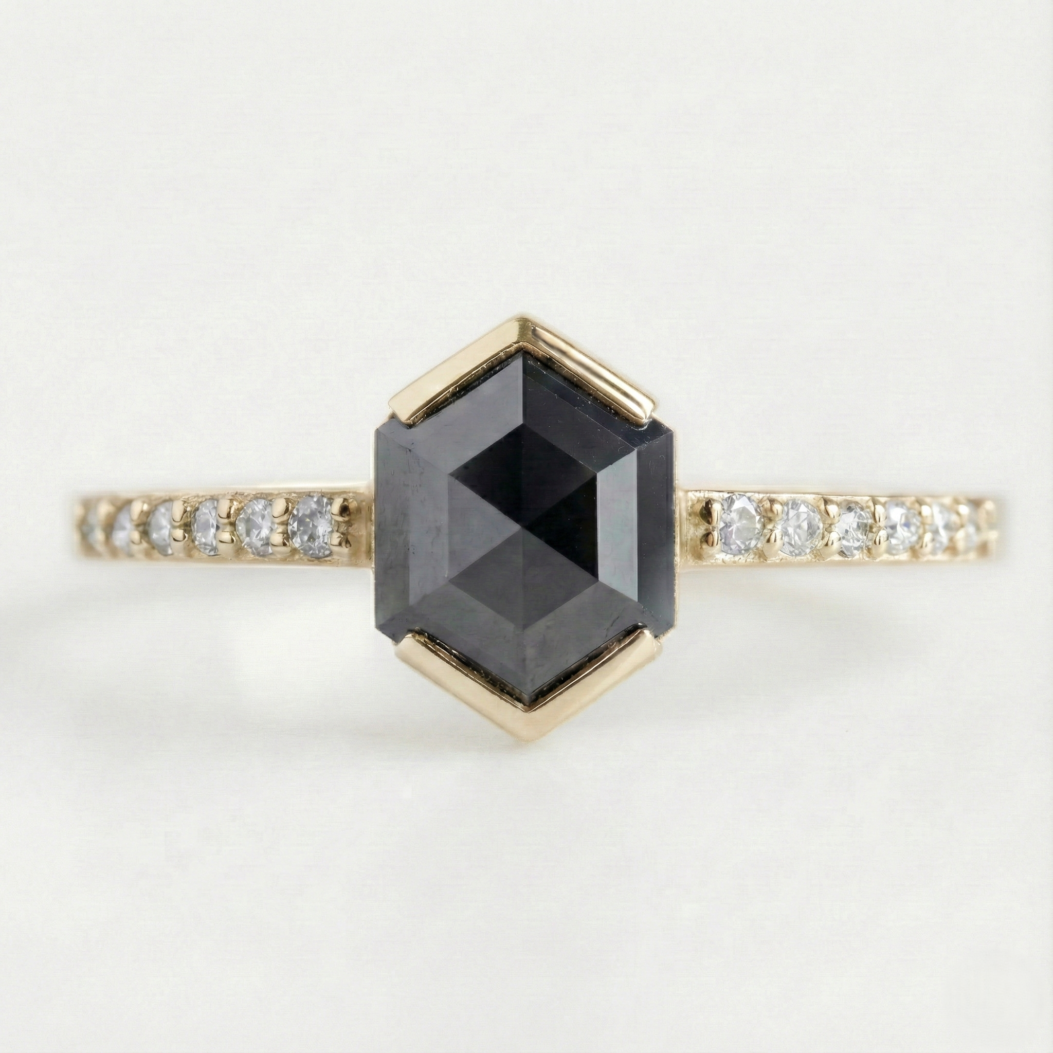 Hexagon Single Cut Black Colour Center Diamond Solid Gold Ring - Shree Diamond Mfg
